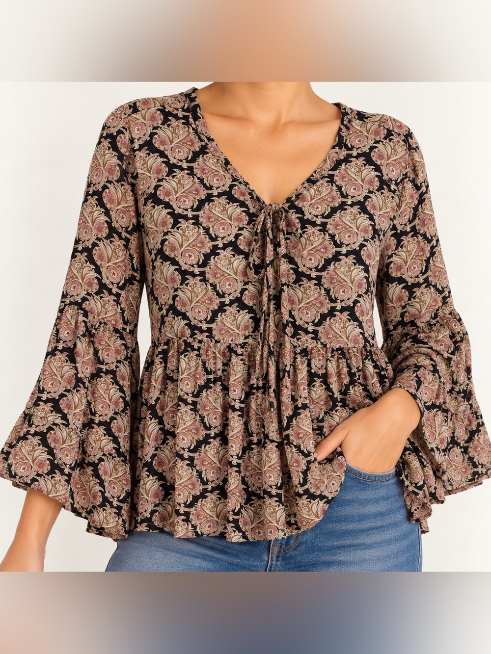 Daniel Rainn Peplum Boho Tie Front Blouse Small